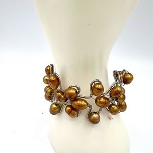 Gold-tone Fresh Water Pearl Cluster Cuff Bracelet Statement Jewellery